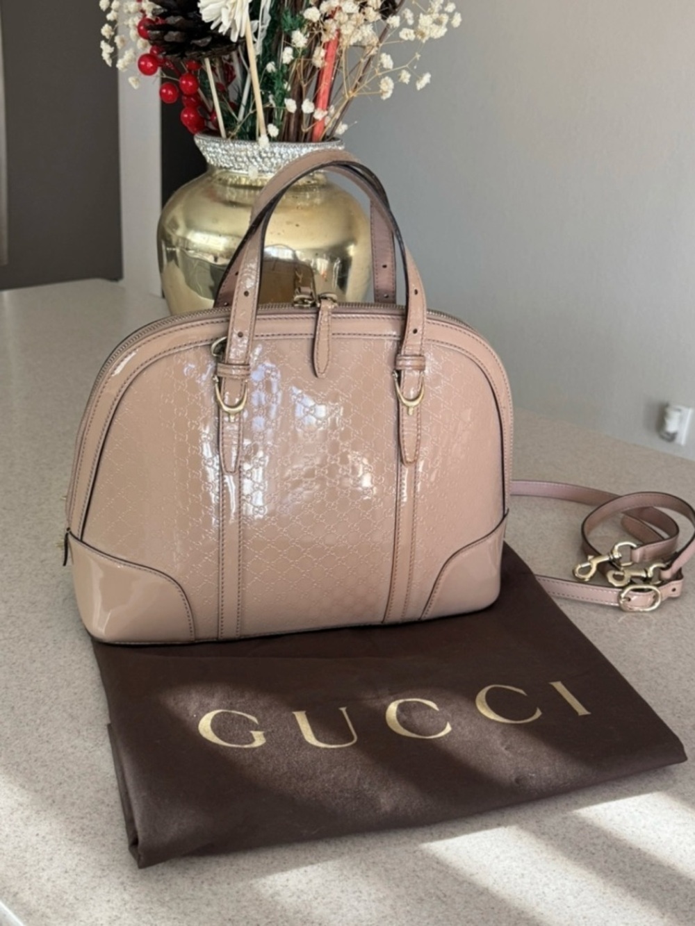 Authentic Gucci Blush Pink Patent Leather Dome Satchel with Detachable Strap